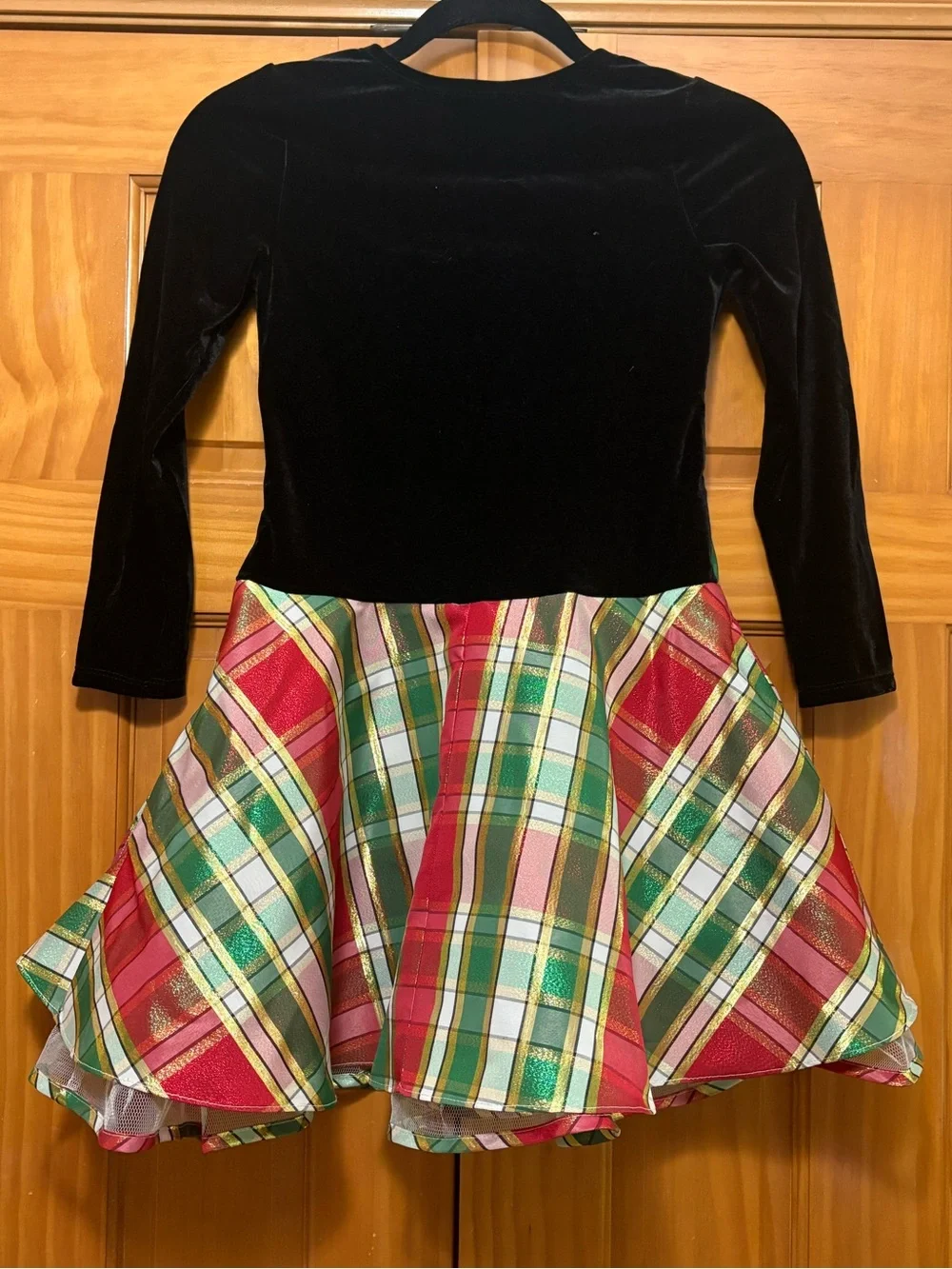 Bonnie Jean Black Velvet Top with Green Sash and Red Green Plaid Skirt Size 10